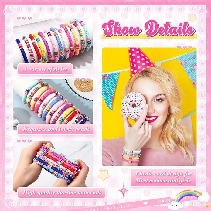 Equsion 100 Pcs Preppy Friendship Bracelets for Women Heishi Surfer Clay Stackable Bead Easter Boho Y2k Bracelets Gifts