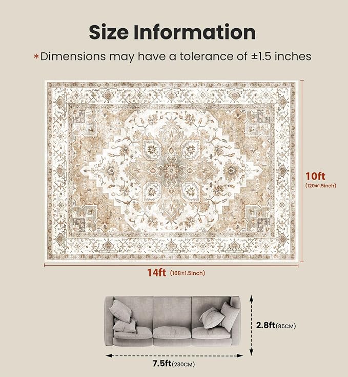 AMADA HOMEFURNISHING 10x14 Washable Area Rug, Low-Profile Large Area Rug with Non-Slip Backing & Durable Edge Binding, Vintage Large Rugs for Living Room, Bedroom & Dinning Room