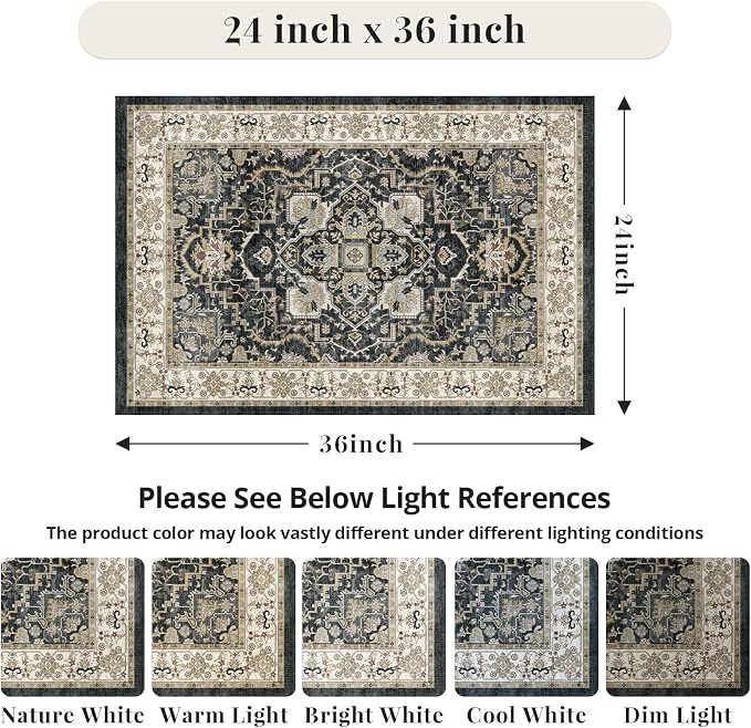Washable Entryway Runner Rug - 2x3 Kitchen Rug Distressed Low Pile Mats Non Slip Soft Rugs for Dining Room with Rubber Backing Bedroom Runner with Vintage Design (Black 2x3)