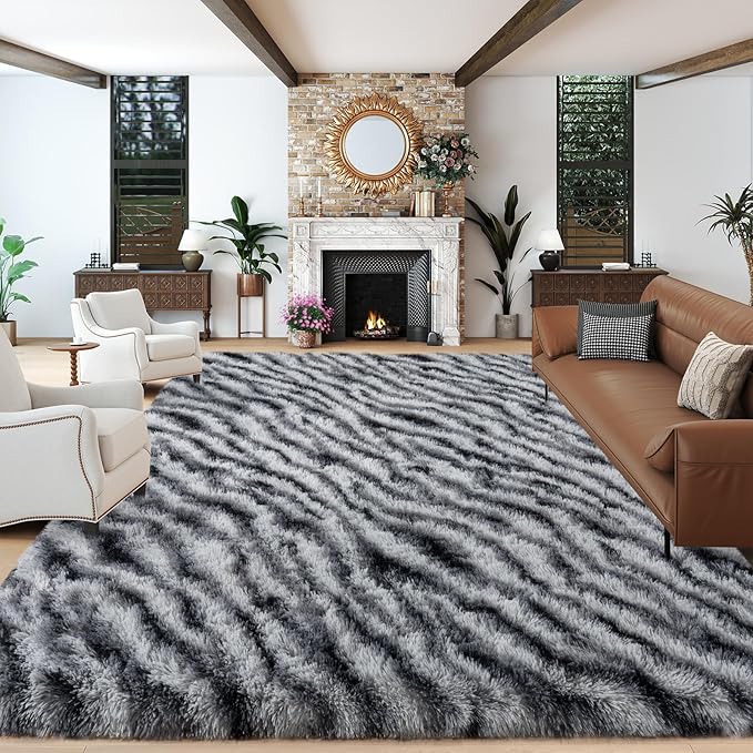 Dssimo Zebra Rug 9x12 for Living Room，Fluffy Large Area Rugs for Bedroom | Shaggy Fuzzy Upgrade Non-Slip Zebra Print Rug for Nursery Kids Room Dorm Room Home Decor, Indoor Plush Floor Carpet