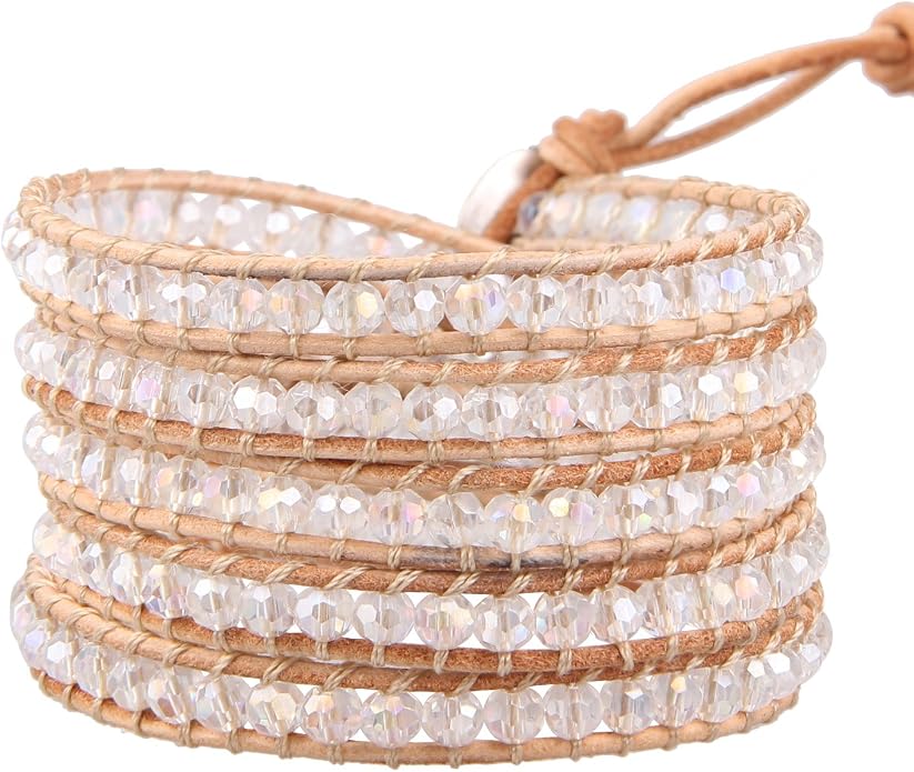 KELITCH Women Friendship Bracelets Crystal Beads 5 Wrap Bracelet Leather Handmade Boho Jewelry