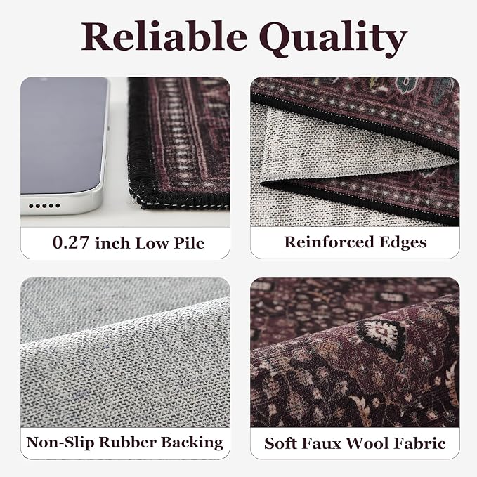 Fig 9x12 Rugs for Living Room, Earth Tone Dark Academia Bedroom Rug with Vintage Boho Floral Trellis Pattern, Non Slip Washable Low Pile Thin Carpet Rug for Dining Room/Guest Room/Family Room