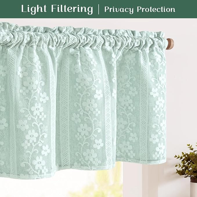 ASPMIZ Linen Farmhouse Kitchen Curtains, Double Layer Valances for Windows with Linen and Lace, Rustic Curtains for Bathroom Window, Cafe Curtain 18 Inch Length Rod Pocket, 52 x 18, Mint Green