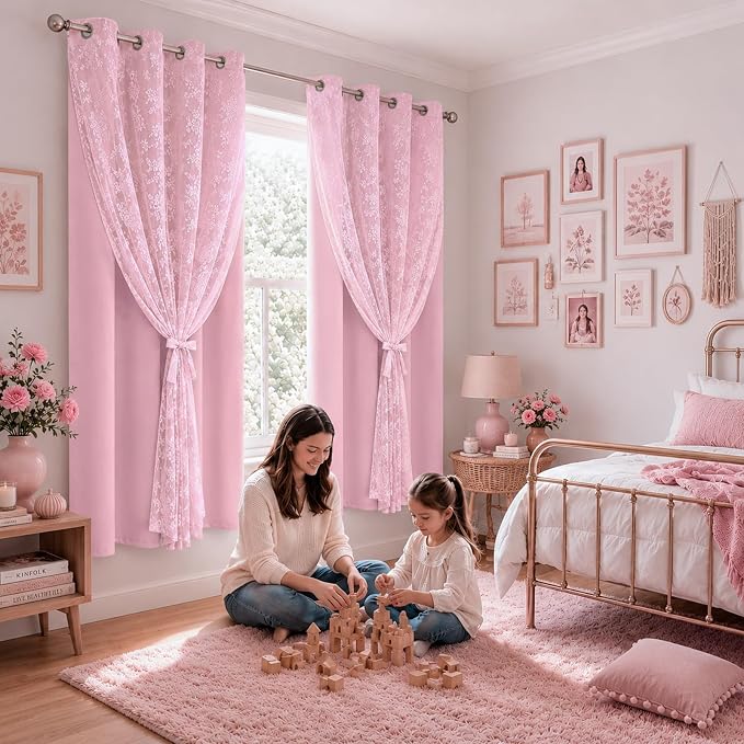 Yinhua Pink Blackout Curtains Double Layer Curtains for Bedroom 63 Inch Length Nursery Curtain for Living Room, Grommet Drapes with Tiebacks, 2 Panels, 52" W x 63" L