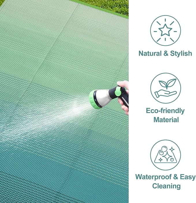 Lahome Outdoor Patio Rug Waterproof 6x9,Plastic Straw Rug Reversible,Large Porch Carpet Floor Decor,Portable Outside Camping Mats for Picnic Balcony Tent Deck, Blue-Green 6x9