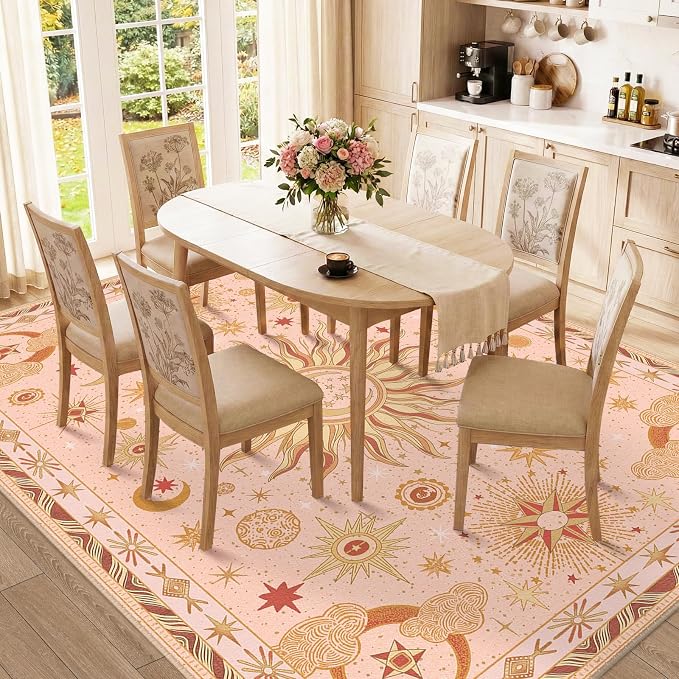 Vacuum-Friendly, 8x10 Washable Area Rug, Pink Gold Beige Red | Sun and Moon Boho Gothic Non-Slip Low Pile Living Roon Bedroom Dining Room Kitchen Entry Entryway Entrance Hallway Doormat