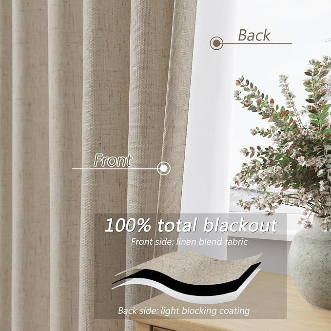 Guken 100% Blackout Linen Curtains for Bedroom 90 inches Long, Thermal Insulated Room Darkening Black Out Window Drapes for Living Room, Back Tab Rod Pocket 2 Panels Set,Stone Beige,52x90
