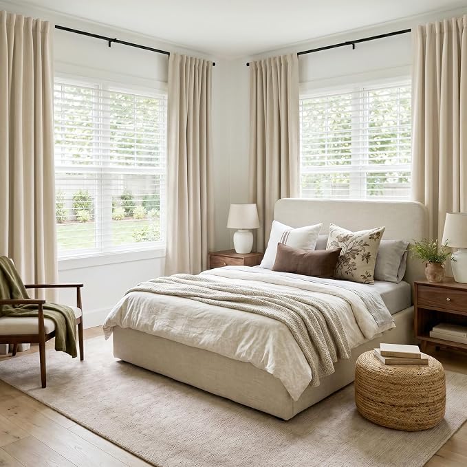 INOVADAY 100% Blackout Curtains 96 Inches Length 2 Panels Set, Back Tab/Rod Pocket Linen Black Out Curtains for Bedroom, Thermal Insulated Window Drapes - Oatmeal, W50 X L96