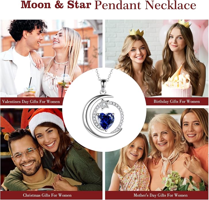 S925 Sterling Silver Birthstone Pendant Necklace Moon Star Necklace Jewelry Gift for Women Anniversary Valentine's day