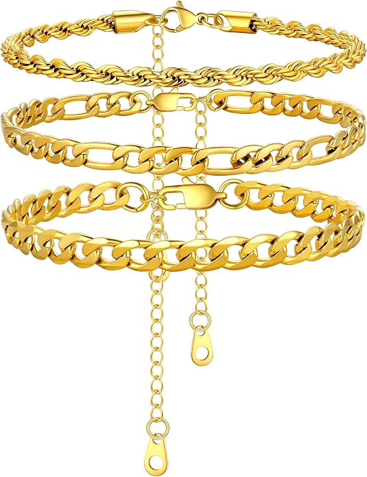 U7 Waterproof Anklets for Women 18K Gold Cuban Chain 8.5"-10.5" with 14K Gold Cuban chain 3Pcs, Barefoot Beach Wedding Gift with Velvet Pouch