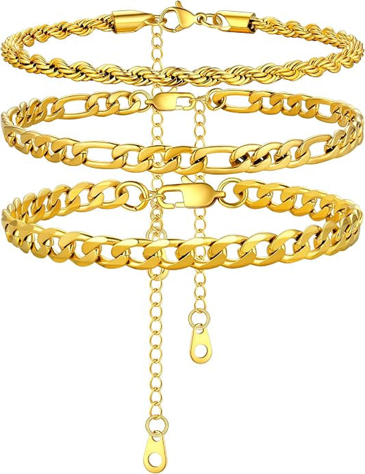U7 Waterproof Anklets for Women 18K Gold Cuban Chain 8.5"-10.5" with 14K Gold Cuban chain 3Pcs, Barefoot Beach Wedding Gift with Velvet Pouch
