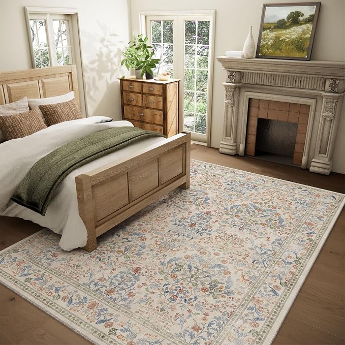 Washable Area Rugs for Living Room: 5x7 Bedroom Rug Vintage Area Rug Stain Resistant Non Slip Low Pile Lightweight Soft Carpets for Dining Room Kitchen Nursery Kids Room Farmhouse Indoor