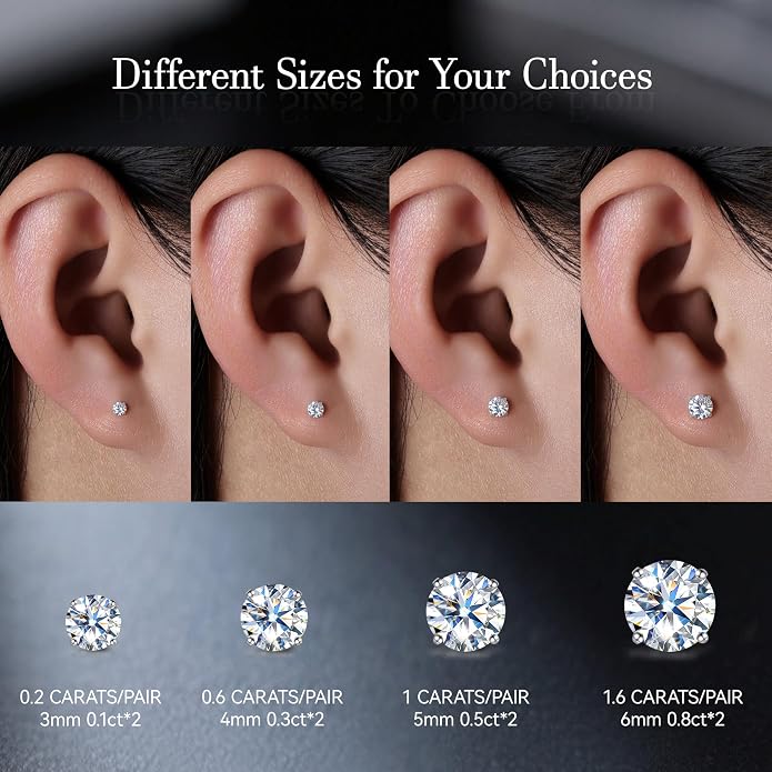 Limerencia Moissanite Internal Thread 18G Titanium Earrings, Hypoallergenic F136 Titanium Flat Back Piercing Studs, VVS1 Lab-created Moissanite Studs for Women Men Tragus Helix Cartilage Conch Labret