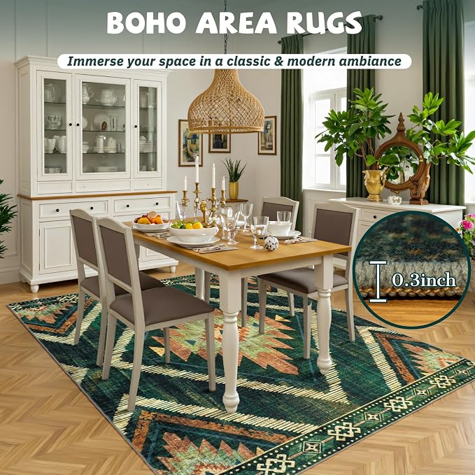 Boho Green Area Rugs 5x7Ft Non Slip, Large Low Pile Washable Rugs for Living Room, Soft Bedroom Nursery Area Floor Carpets for Dining Room Kids Playroom Farmhouse Office Spring Summer