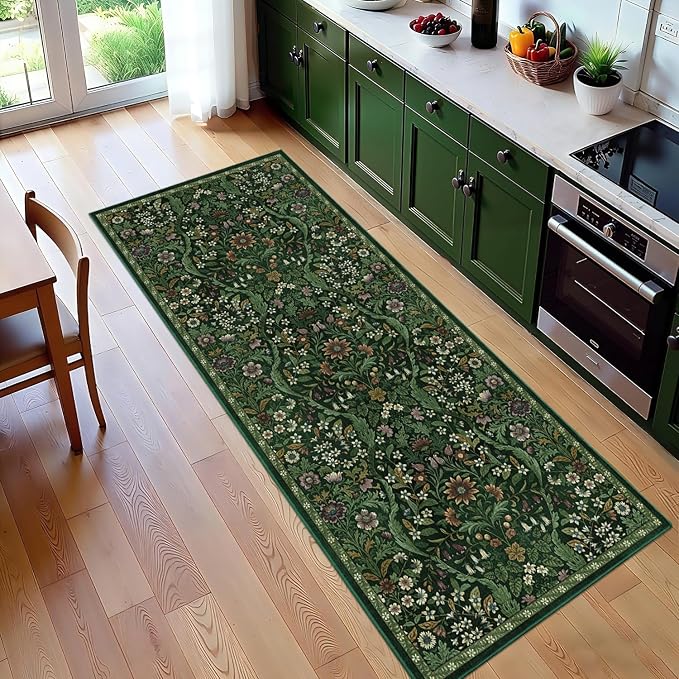 3×7 Washable Runner Rug,Dark Green Floral Kitchen Rugs for Hallway,Low-Pile Non-Slip Stain Resistant Carpet for Kitchen, Bedside,Laundry Room,Entryway