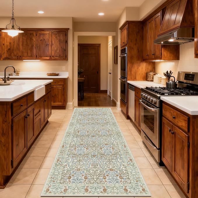 Washable 2'6" x 10' Runners for Hallways, Non Slip Long Floor Runner for Kitchen, Entryway Indoor, Stain Resistant Rubber Backing Floral Décor Rug (Beige Blue)