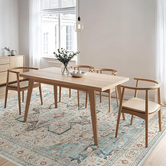 Tortania Area Rug Living Room Rugs - 6x9 Washable Boho Rug Vintage Oriental Distressed Farmhouse Large Thin Indoor Carpet for Living Room Bedroom Under Dining Table Home Office - Aqua Multi