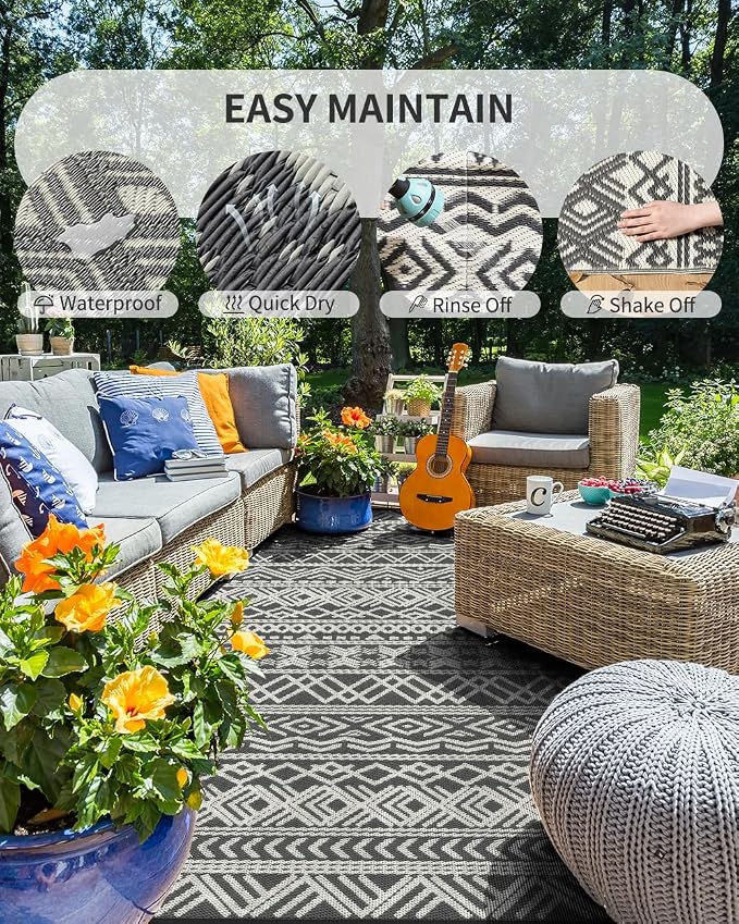 MontVoo-Outdoor Rug Waterproof 6x9 ft Outdoor Carpet Patio Rug Mat Reversible RV Camping Rug-Plastic Straw Rug Outside Outdoor Area Rug for Patio Deck Balcony Backyard Picnic Beach -Boho Grey