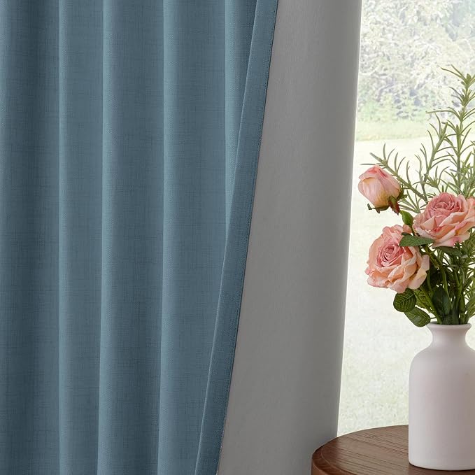 INOVADAY 100% Blackout Curtains for Bedroom, Stone Blue Black Out Curtains 84 Inch Long, Clip Rings Linen Blackout Drapes, Thermal Insulated Room Darkening for Living Room, 2 Panels - W50xL84