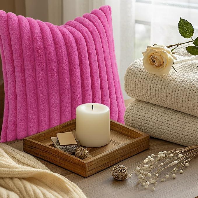 decorUhome Fall Faux Fur Throw Pillow Covers 22x22 Set of 2 Hot Pink | Decorative Soft Cozy Striped Plush Modern Farmhouse Boho Couch Pillow Cases Velvet Back for Sofa Bed Living Room Home Decor