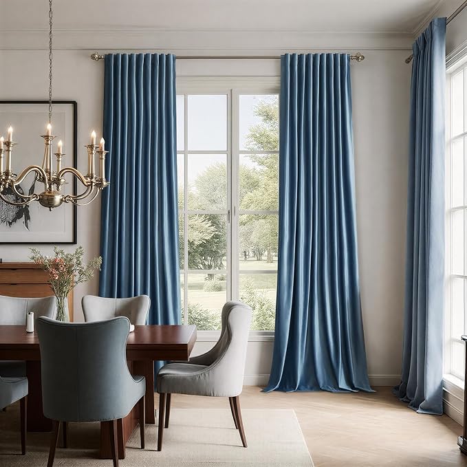 PRIMROSE Full Blackout Velvet Curtains 102 inch Long for Living Room,2 Panles Stone Grayish Blue Liner Rod Pocket Back Tab Thermal Window Curtains Room Darkening Curtain Drapes for Bedroom