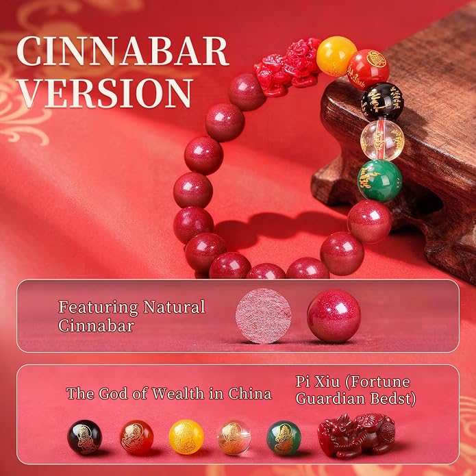 Five Roads Wealth God Cinnabar Pixiu Bracelet - Feng Shui Red String Bracelet for Good Luck & Money Attraction, Fortune Blessing for Men & Women, Adjustable Lucky Charm Bracelet (Classic & Cinnabar Options, 8/10/12mm)