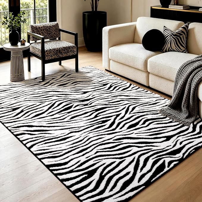 YIHOUSE 4x6 Ft Zebra Area Rugs, Abstract Modern Black and White Washable Rug, Nonslip Non-Shedding Plush Soft Carpet for Living Room Dining Room Office Playroom Home Decor