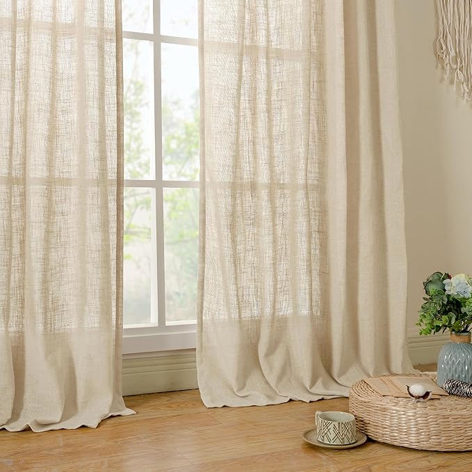 LAMIT 60 Inch Length Window Linen Curtains, Semi Sheer Light Filtering Panels Back Tab and Rod Pocket Drapes for Bedroom/Living Room, Linen, 2 Panels, 34 x 60 Inch