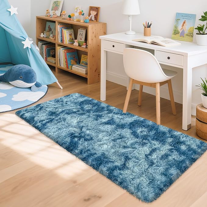 2x5 Feet Soft Fluffy Blue Runner Rug for Bedroom Living Room, Washable Plush Shag Carpet for Nursery Dorm, Fuzzy Bedside Rug for Kids Girls Room, Aesthetic Home Decor