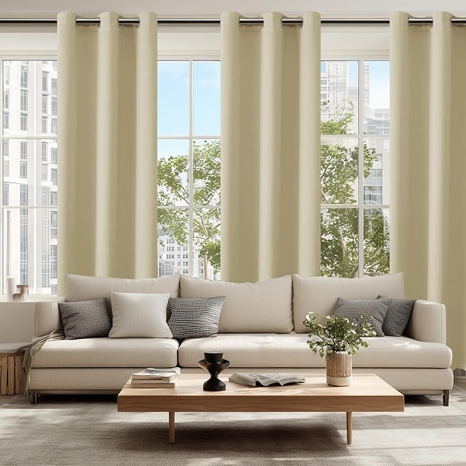 Hiasan Blackout Curtains for Bedroom, 42 x 84 Inches Long - Thermal Insulated & Light Blocking Window Curtains for Living Room, 2 Drape Panels Sewn with Tiebacks, Light Beige