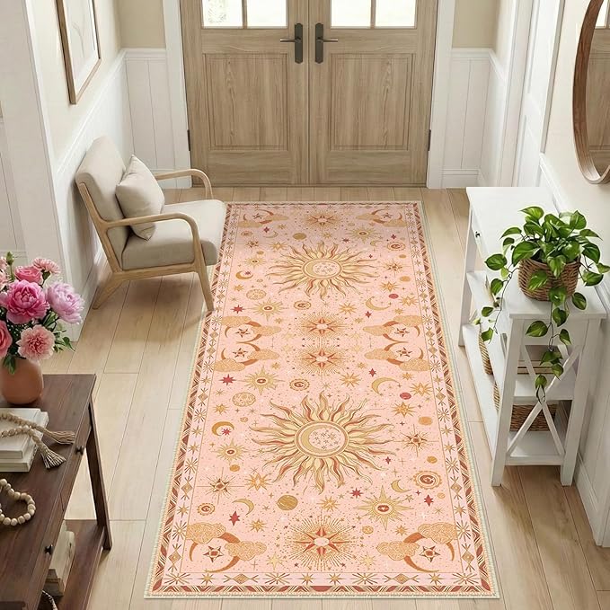 Vacuum-Friendly, 2x6 Washable Area Rug, Pink Gold Beige Red | Sun and Moon Boho Gothic Non-Slip Low Pile Living Roon Bedroom Dining Room Kitchen Entry Entryway Entrance Hallway Doormat
