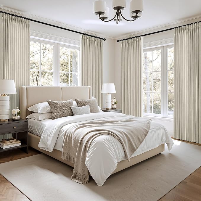 MIULEE Pinch Pleated Thick Linen Curtains 96 Inch 4 Panels Set Back Tab Memory Trained Pinch Pleat Semi Sheer Light Filtering Privacy Curtain Let Light in Window Drapes for Living Room Bedroom Cream