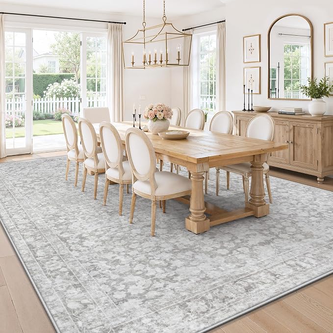 8x10 Area Rugs for Living Room: Boho Vintage Washable Rug Non-Slip Soft Stain Repellent Area Rugs Indoor Low-Pile Large Carpet for Bedroom Office Dining Room Playroom Farmhouse (Grey, 8'x10')