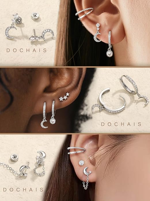 Dochais Flat Back Cartilage Earrings for Women Trendy Dainty CZ Flatback Studs Earing Sets 14k Gold Plated Hypoallergenic Huggie Hoops Earring Stacks for Multiple Piercing