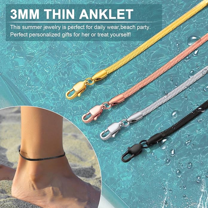 GoldChic Adjustbale Link Chain Anklet for Women Summer Jewelry, 316L Stainless Steel Figaro/Wheat/Twist Rope/Cuban Foot Bracelet-Waterproof, Resizable 9"-12" (Gift Box Included)