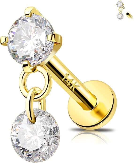 MeIighting 14K Solid Gold Helix Earring Clear CZ, Dangle Internal Thread Flat Back Earring, Teardrop Heart Round Cartilage Tragus Conch Piercing Jewelry for Women 6/8 mm