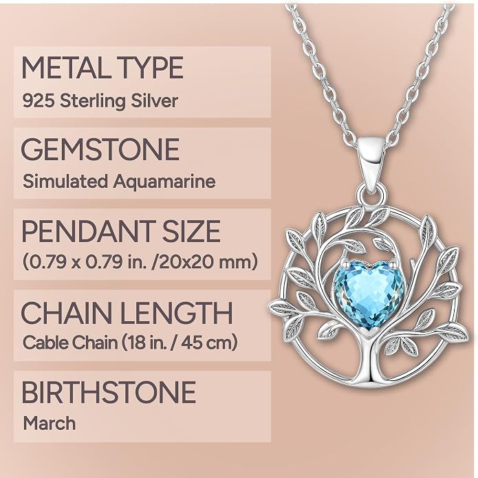 ADITA GOLD Tree of Life Necklace for Women, 925 Sterling Silver Birthstone Pendant, Simulated Gemstone, Jewelry