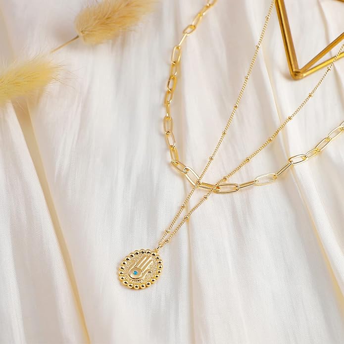 MEVECCO Layered Heart Necklace Pendant Handmade 18k Gold Plated Dainty Gold Choker Arrow Bar Layering Long Necklace for Women