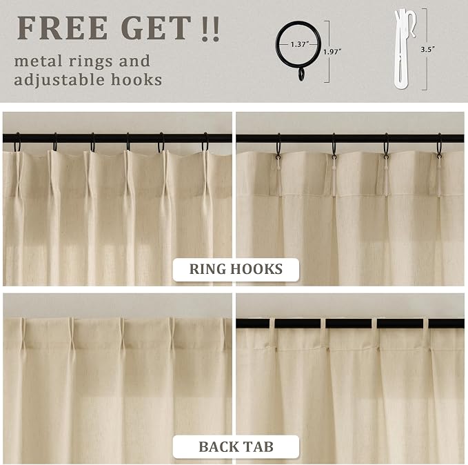 Light Filtering Pinch Pleat Linen Curtains 102 Inches Long Beige | Boho Farmhouse Rustic, Sheer Curtains, Warm Beige Tan, for Living Room, Pleated Draps, with Hooks Rings, Back Tab, 102 Inch