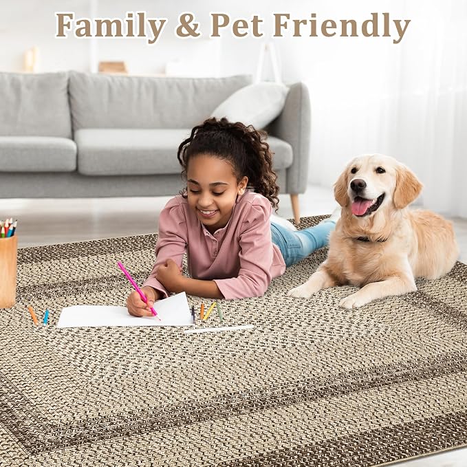 Large Bedroom Rug 6x9 Machine Washable Rug Braided Print Boho Throw Floor Cover Farmhouse Rustic Dining Room Carpet Geometric Bordered Braided Carpet for Living Room Home Office, Camel
