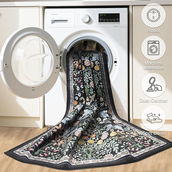 Runner Rug for Entryway: 2.6x10 Kitchen Rugs Non Slip Washable Ultra-Thin Soft Floral Carpet Indoor Floor Stain Resistant Carpets for Hallway Bedroom Kitchen Laundry Bathroom Dorm Dark Black