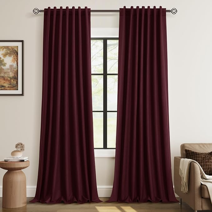 Guken Burgundy 100% Blackout Linen Curtains 102 Inch Length 2 Panels Set for Living Room Bedroom Back Tab Thermal Insulated Black Out Drapes Room Darkening Farmhouse Style for Bedroom Window Curtains