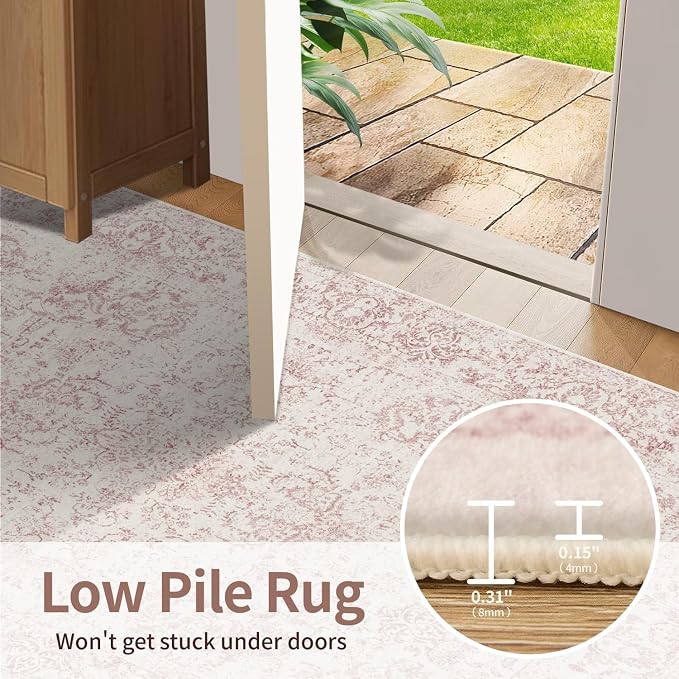 Rugxara 8x10 Pink Area Rug for Living Room & Bedroom, Large Washable Rugs for Nursery,Girls Room,Non Slip, Durable Low Pile Carpet, Vintage Carpets for Office, Dining Room, Kids Room and Farmhouse