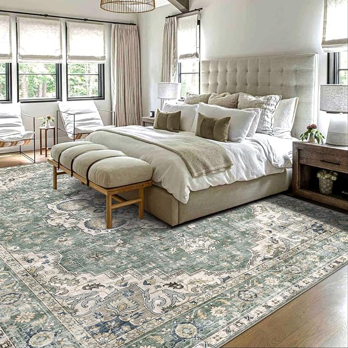 LUXRUG Area Rugs 9x12 Living Room - Large Washable Sage Green Boho Rugs for Bedroom Soft Vintage Rug Ultra-Thin Farmhouse Oriental Medallion Carpet Non Slip Rug for Dining Room Guest Room Home Decor