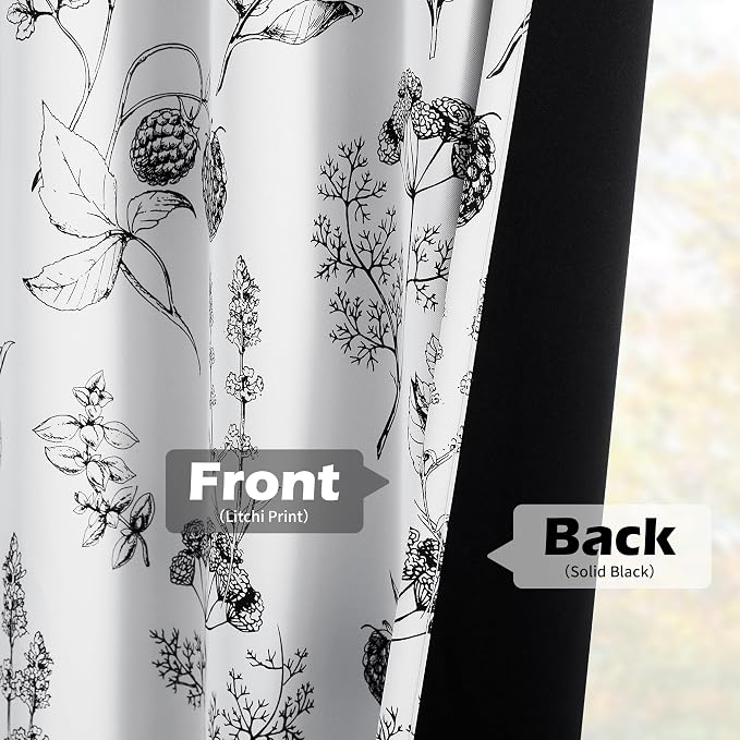 FMFUNCTEX 100% Blackout Black Floral Curtains 96 Inch Back Tab 2 Panels | Black Out Drapes, Thermal Insulated Cottage Farmhouse, Lichi Patterned Extra Long Curtain for Bedroom, Living Room Darkening