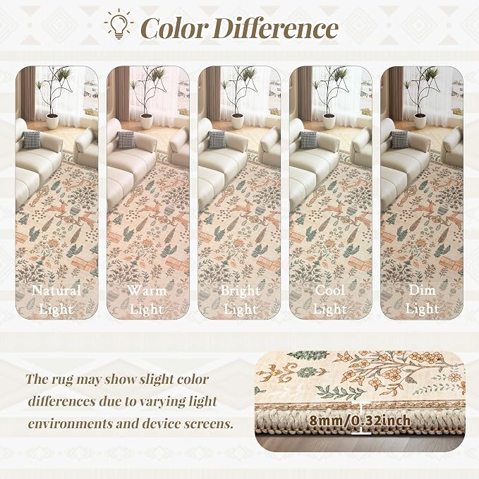 Living Room Rugs 9x12: Washable Boho Rug Farmhouse Non Slip Stain Resistant Large Rug Low Pile Soft Carpet for Bedroom Dining Room Children Room (Cream Animal,9'x12')