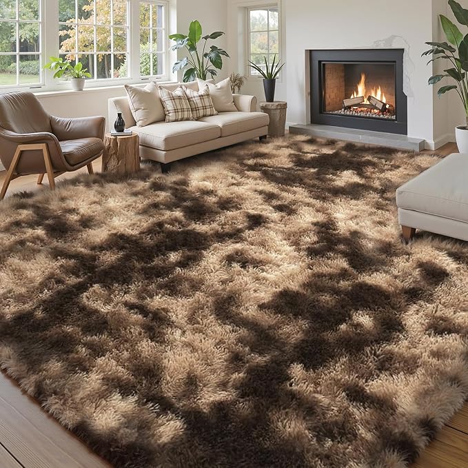 Area Rugs 10x14 Living Room, Shaggy Carpet Soft Plush Furry Bedside Rug Large Area Rugs for Bedroom Home Decor Anti Slip(10 x 14, Dark Coffee Tie-Dyed)
