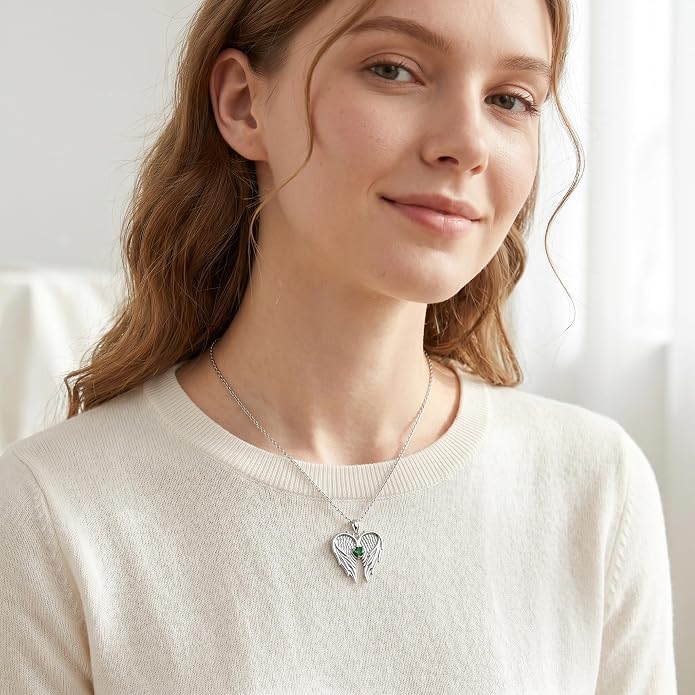 Dorunmo Guardian Angel Wing Pendant Birthstone Heart Necklace Birthday Jewelry Gifts for Women Mom Wife Daughter