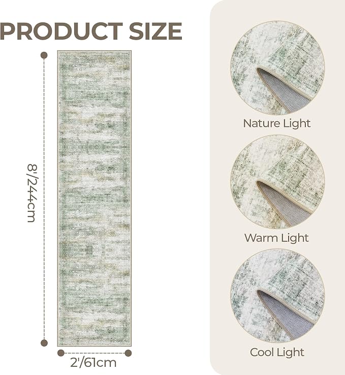 2x8 Runner Rug Non Slip,Washable Hallway Runner Rug,Green | Neutral Rugs for Kitchen,Entryway,Bedroom,Bathroom,Nursery Room,Thin,Soft Runner Rug,Stain Resistant Indoor Carpet