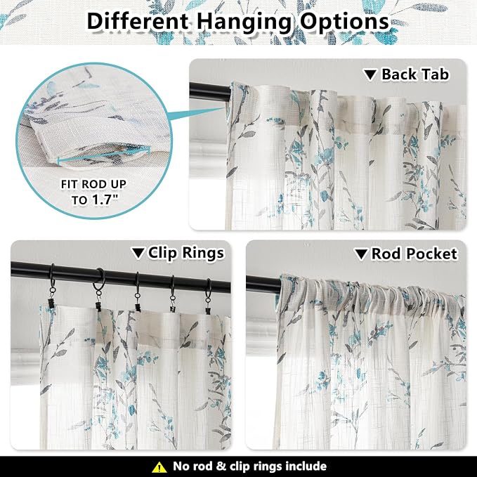 MYSKY HOME Sheer Curtains 54 Inch Length for Bedroom Window Curtain Panels Light Filtering Privacy Protect Drapes Set Linen Look Farmhouse Style Texture Soft Touch, 50" x 54", Teal, 2 Panels